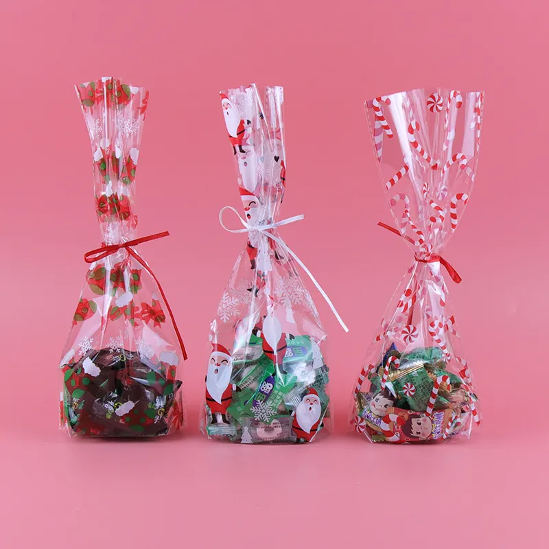 주문 로고 명확한 플라스틱 쇼핑 인쇄된 색깔 크리스마스 사탕 설탕은 투명한 주문 선물 부대를 통해서 봅니다