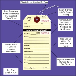 Étiquettes personnalisées pour objets perdus <span class=keywords><strong>et</strong></span> retrouvés avec cordon élastique, imprimées en noir sur papier manila non couché avec numérotation consécutive rouge. - Product Image 4