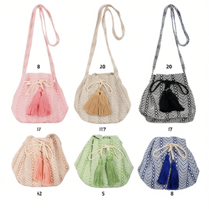 Borsa a secchiello etnica geometrica BOLSOS 21x24cm con coulisse e nappe, borsa a tracolla - Product Image 2