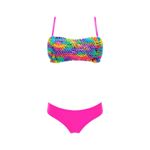 Conjunto de Bikini Hdj Talla Grande, Top de Punto Multicolor, Braguita Rosa, Traje de Baño para Mujer, Estilo Bandeau Hipster, Conjunto de 2 Piezas - Product Image 1