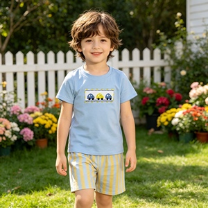 BSSO0617 rts Boutique Ensemble de vêtements brodés pour bébé garçon, bleu, avec voitures, tenues d'été, ensemble en gros - Product Image 1