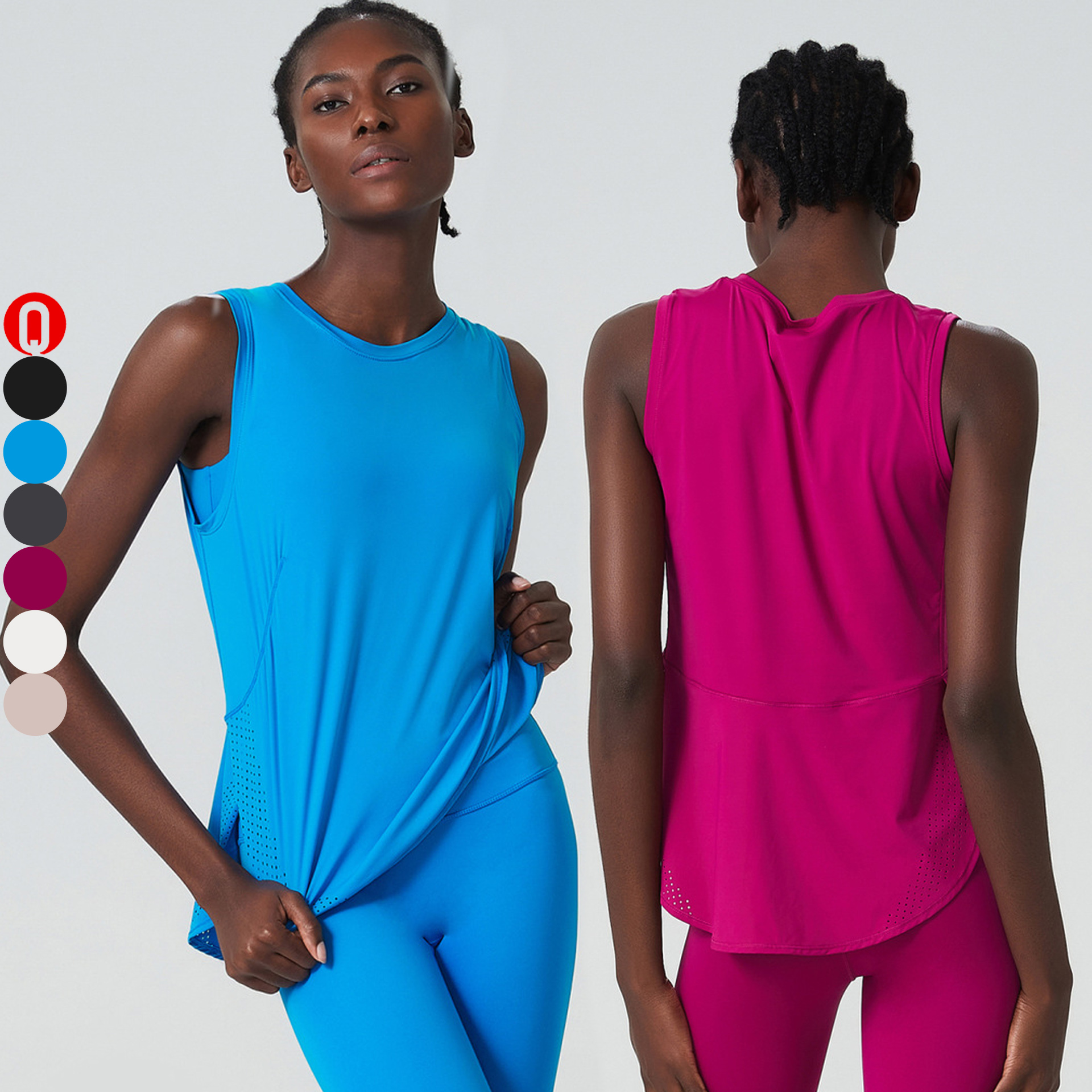 Breathable Women's Curved Hem Sleeveless Fitness Tank Top with Front Logo Quick Dry & Four-Way Stretch Loose Fit for Workout