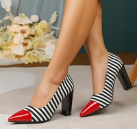 Sepatu Wanita Ukuran Besar Model Pointed Toe Shallow Pumps Hitam & Putih Bergaris Hak Tebal Tinggi Bahan PU Sol TPU Ukuran 40-43
