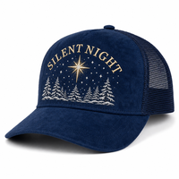 Casquettes de camionneur à 5 panneaux en maille de daim brodées, motif sapin de Noël, neige et plantes persistantes, pour l'hiver, avec visière incurvée