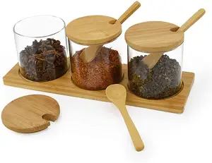 Conjunto de 3 potes de condimentos, conjunto de potes de vidro para açúcar, sal, com tampas e colheres para servir açúcar, sal