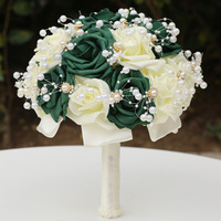 Bouquet de Mariage Artisanal en Soie Vert Style Moderne Réaliste avec Roses en Cristal et Perles pour la Mariée et les Demoiselles d'Honneur - Saint-Valentin Artificiel
