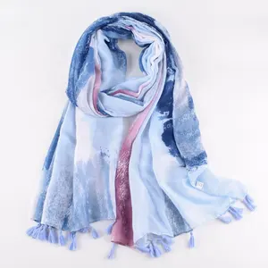 Luxury Brand Cotton Voile Women Large Shawls Lady Blue Color Print Beach Stole New Hijab Scarf Muffler Foulard Pareo
