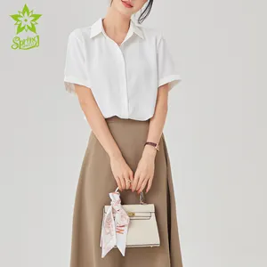 Venta al por mayor de diseños personalizados señoras camisa de gasa de las mujeres de moda de alta calidad superior de manga corta elegante blusa de oficina de negocios