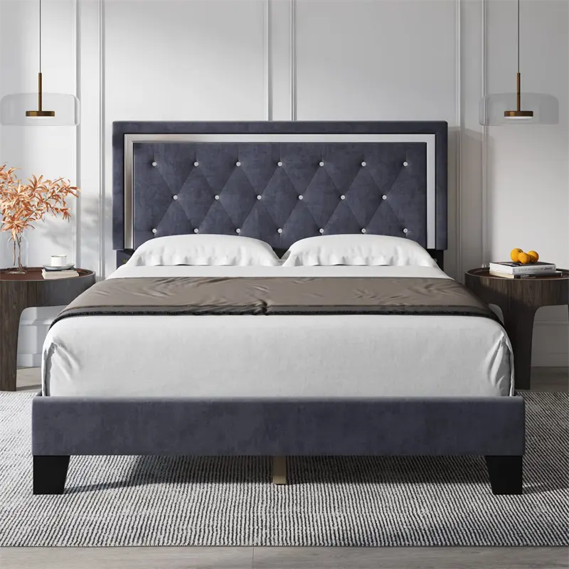 आधुनिक बेडरूम मखमल टिकाऊ बेपहियों कम प्रोफ़ाइल मंच राजा रानी पूर्ण आकार लकड़ी Slats के साथ अप-holstered बेड फ्रेम