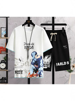 Ensemble T-shirt et short en pur coton imprimé, coupe ample et anti-rétrécissement, mode estivale