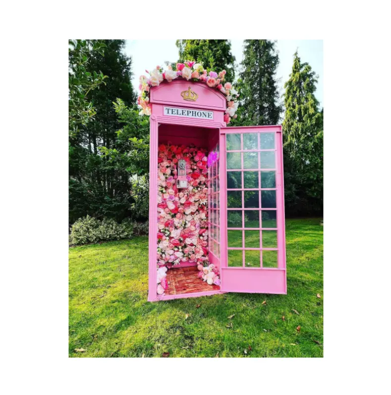 Hot Sale London Telephone Booth Antique Pink Floral Telephone Booth Wedding Decor Outdoor Telephone Booth with Artificial flower