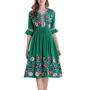 "Women's Short-sleeved <strong>Mexican</strong> Embroidered Printed A-shaped Cocktail <strong>Dress</strong> with Pleated Skirt-Bohemian Summer Party <strong>Dress</strong>" - Product Image 3