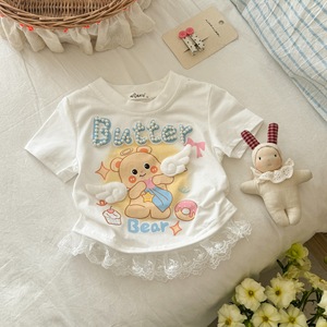 Snail Bobo Girls Summer Short Sleeve Top Butter Bear Print Lace Trim Breathable T-Shirt - Product Image 2