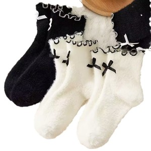 Calcetines hasta media pantorrilla de lana de visón estilo Lolita para mujer, color blanco térmico grueso con lazo, para otoño e invierno - Product Image 3