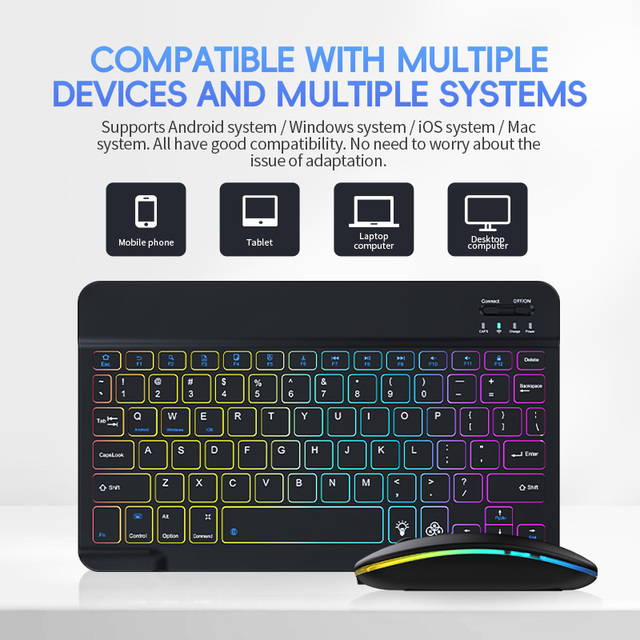 RGB Mini Ultra Thin Colorful RGB Backlight Blue Tooth Mouse and Wireless Keyboard Combo Set for for Tab S7/S6 Lite/A7/A8/A9+/S9