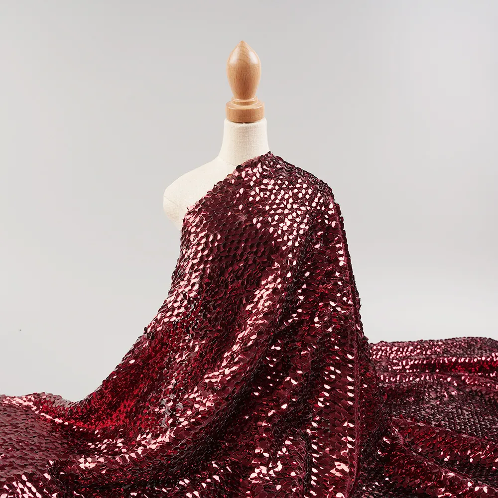 Son tasarım zarif elbise toptan bordo pullu örgü işlemeli kumaş