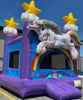 Château gonflable commercial 4x4m avec toboggan, motif licorne arc-en-ciel scintillant en PVC, facile à monter pour enfants