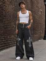 Jean large pour homme taille haute, coupe baggy, en denim délavé, avec croix en strass, style streetwear hip-hop, ourlet clouté