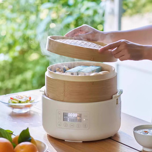 Vaporera eléctrica Olayks de 2 niveles de bambú con temporizador para cocinar panecillos y desayunos al vapor - Product Image 1
