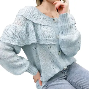 공장 도매 일본 귀여운 프릴 라운드 넥 중공 카디건 소녀 openwork 모직 모헤어 혼합 니트 스웨터
