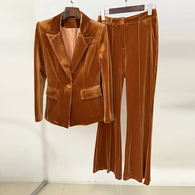 2023 otoño nueva moda profesional hebilla marrón canario diseño sólido Simple señora traje chaqueta pantalones conjunto de dos piezas trajes de mujer