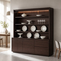 Buffet moderne en noyer foncé avec panneaux en contreplaqué, étagère ouverte intégrée à LED réglable pour salon, salle à manger, villa