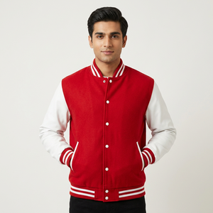 Veste de baseball varsity de haute qualité avec manches en cuir et laine, col montant, en polaire gaufrée multicolore pour l'hiver - Product Image 1