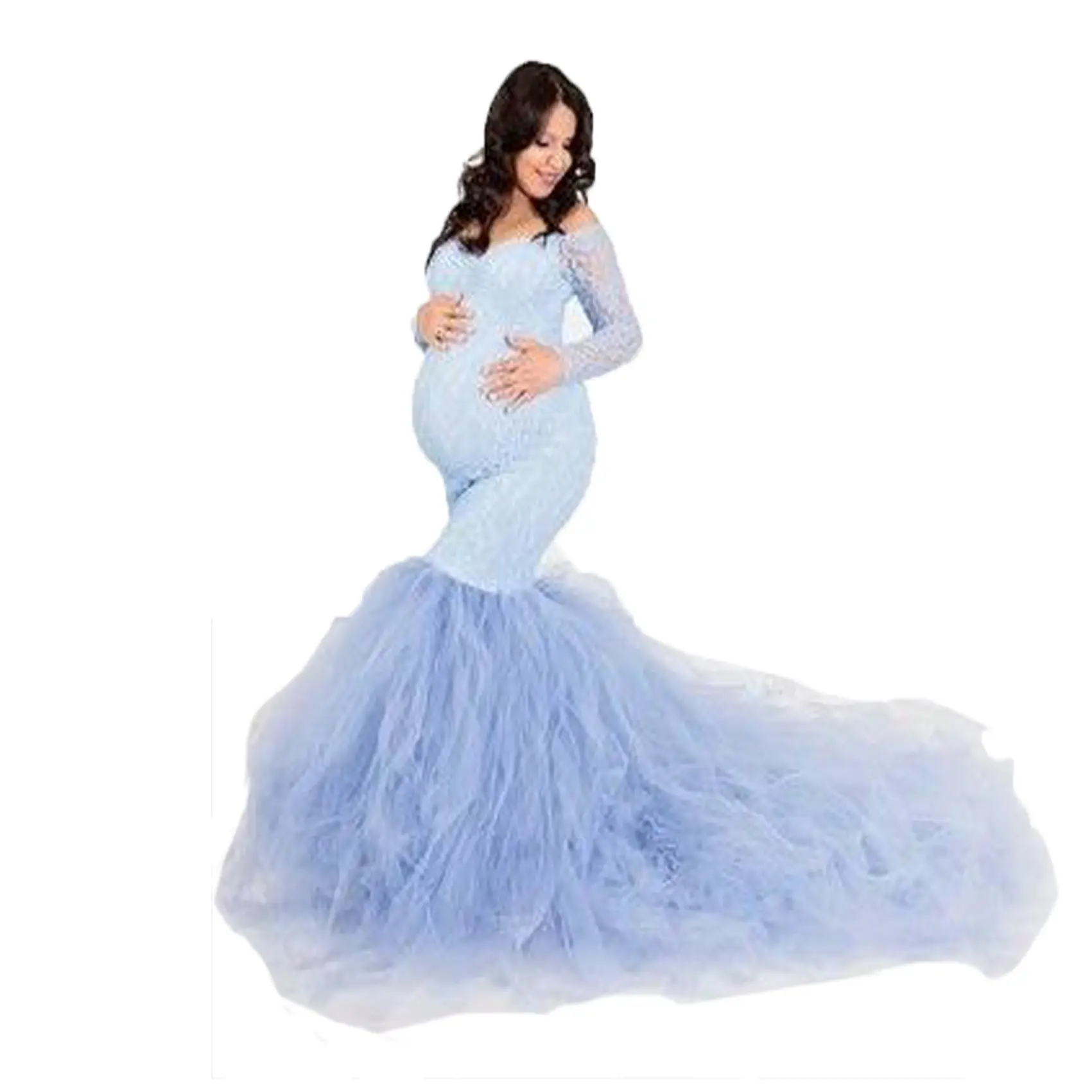 De moda de costura de encaje de malla de las mujeres embarazadas aleteo manga completa Falda larga azul faldas de fotografía vestido