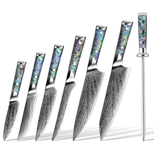 Bộ dao bếp Nhật Bản Grandsharp Damascus AUS10 gồm dao đầu bếp, dao Kiritsuke, dao đa năng, dao chặt xương, dao gọt hoa quả, dao cắt thịt, cán bằng vỏ bào ngư - Product Image 1