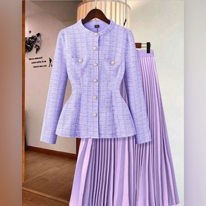 เสื้อแขนยาวลายสก๊อตสำหรับผู้หญิง (ไม่รวมเข็มขัด) พร้อมกระโปรงจีบ ชุดลำลอง 2 ชิ้น แฟชั่น - Product Image 2