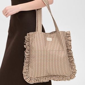 Custom Large <b>Boho</b> Handbag for Women with Gingham Checkered & Woven Label Logo Weekend Zipper Tote Shopper <b>Bag</b> with Frill - Product Image 1