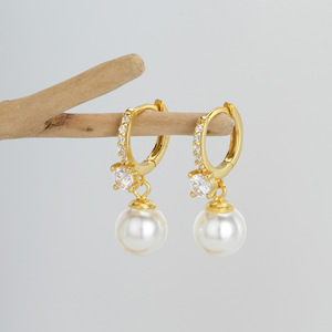 Pendientes de Aro Modernos con Perlas y Circonitas en Plata S925, Diseño Nuevo, <span class=keywords><strong>para</strong></span> Mujer - Product Image 1
