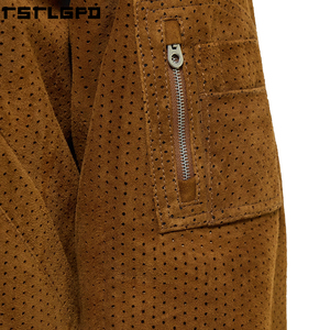 Cut And Sew <b>Suede</b> Varsity <b>Jacket</b> <b>Men</b> Brown Perforated Letterman Ribbed Collar Windbreaker Streetwear Manufacturers Bulk - Product Image 4