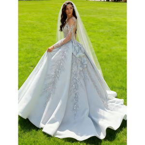 שמלות כלה מפוארות באורך הרצפה, בגזרת A, מודרניות, עם אפליקציות תחרה, קריסטלים, שמלות נשף במידות גדולות, טבעיות, לחתונה - Product Image 4