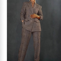 Banliyö kadın ekose ceket takım elbise yeni gevşek pantolon 2 parça Set Fashionbisou