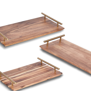 Bandejas rectangulares de lujo para servir en <span class=keywords><strong>madera</strong></span> de acacia con mango de metal a la venta - Product Image 1