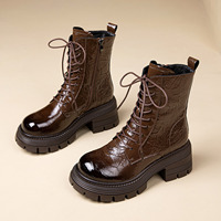 Bottines en cuir pour femmes de style vintage, fermeture éclair latérale, bout rond, talon bloc, semelle à crampons, bottines à la cheville pour femmes, tenues de rue quotidiennes