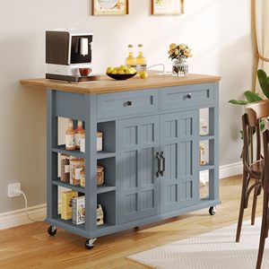 Îlot de cuisine Sunrise avec prise de courant et feuille tombante, chariot de cuisine roulant avec 2 tiroirs, armoire de cuisine sur roulettes, étagères <span class=keywords><strong>ouvertes</strong></span> - Product Image 4