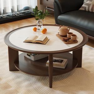 Vintage Style Round <b>Coffee</b> <b>Table</b> <b>Set</b> <b>Marble</b> Top Solid Wood Living Room Furniture With Storage Shelf For Small Apartment - Product Image 3