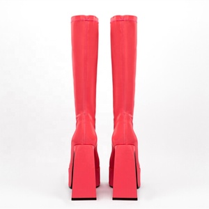 Short Big Square Toe Boots Shoes Snake Print Solid Upper Women's Knee High Platform Boots Chunky High <b>Heel</b> Shoes Side Zip 45 - Product Image 4