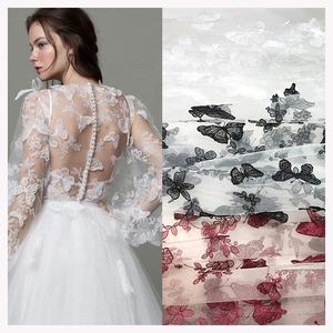 CXT004 Moda 3D Kelebek Çiçek İşlemeli Tül Dantel Kumaş Gelinlik Elbise Kumaşı - Product Image 1