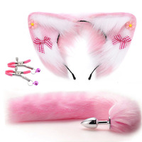 Ensemble de bouchons anaux en métal inoxydable avec longue queue de renard colorée et oreilles de chat en fourrure, pour cosplay érotique lesbien, pour femme