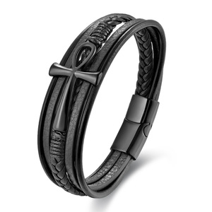 Men's 3-Layer Braided <b>Leather</b> <b>Bracelet</b> with PVD 18K Gold Cross & Magnetic Clasp | Stylish Wristband for Fashion and Casual Wear - Product Image 4