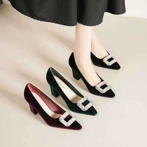 7188N-172 Slip-On Solid Comfort Pumps Square Toe <b>Block</b> Heel Velvet Rhinestone Decor Formal Women's Shoes - Product Image 1