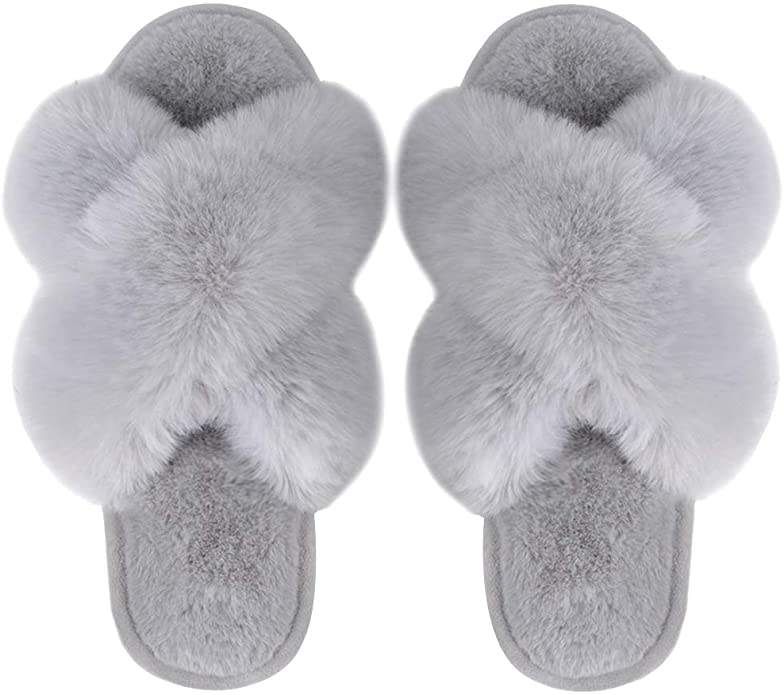Furry Slippers Faux Fur Trim Bow Accent Slipper Rabbit Fur Shoes