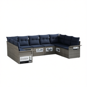 Poly Rattan Garden <b>Sofa</b> <b>Set</b> Grey 9 Piece With Cushions Outdoor Furniture Contemporary Design - Product Image 1