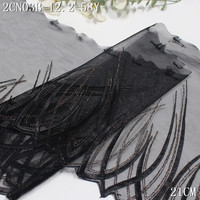Dentelle brodée en maille noire de 21 cm avec fil métallique brillant, motif flamme abstraite, pour la décoration d'Abaya, Kaftan et Robe de Soirée