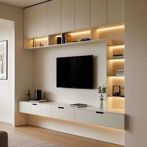 Meubles <span class=keywords><strong>TV</strong></span> modernes à la mode en bois massif Meubles de télévision muraux respectueux de l'environnement avec armoires ouvertes <span class=keywords><strong>et</strong></span> lumières LED - Product Image 1