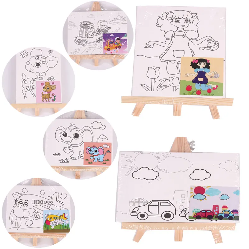8 Design Kids Canvas Painting Set Mini Tabletop Easel Painting Canvas Set With Paint For Kids Drawing