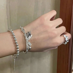 Bracelet en argent sterling S925 avec breloque chat porte-bonheur, bracelet élastique à perles rondes pour femmes, bijoux fins à porter au quotidien - Product Image 1